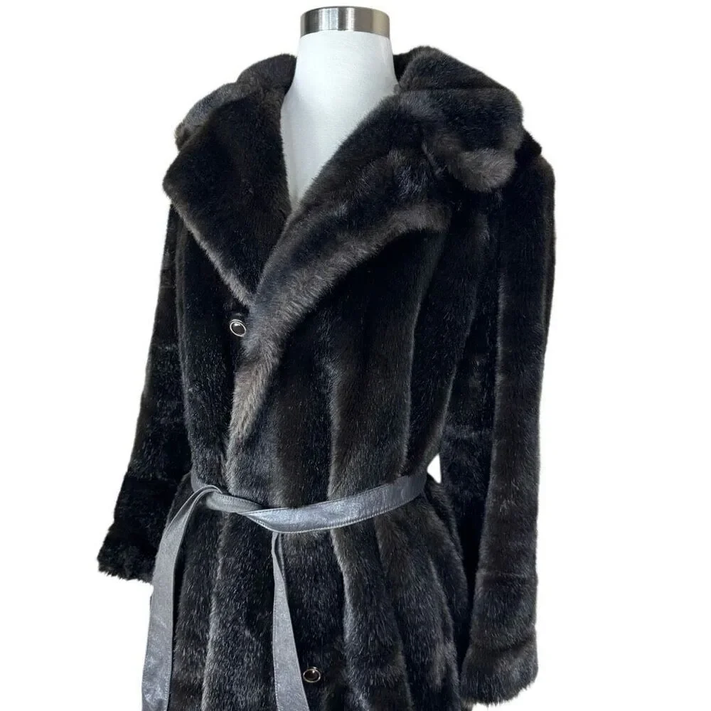 Vintage 70s Diamonte Faux Fur Coat Black Brown Mob Wife Size Medium Classic - Picture 10 of 10
